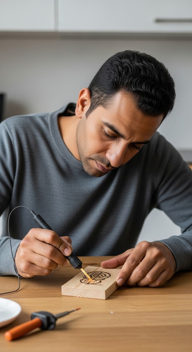 a man wood-burning a design into a wooden plank at a kitchen table for making and selling crafts