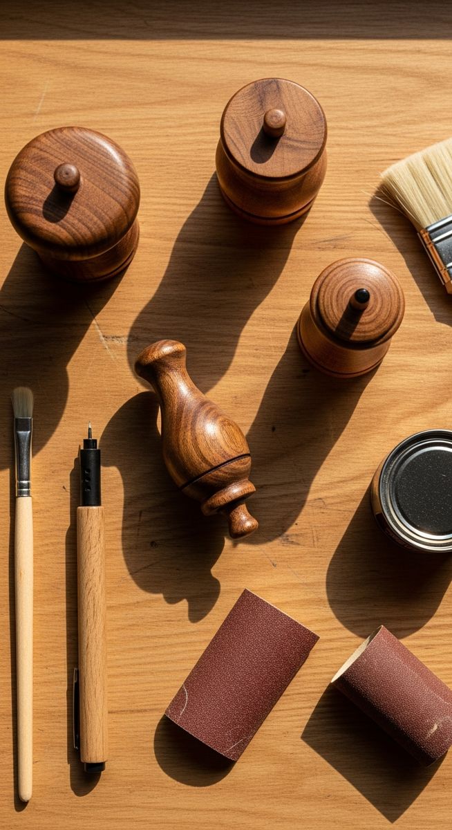 flatlay of finished wooden craft items, a wood-burning pen, paintbrush, sandpaper and varnish on a workshop surface