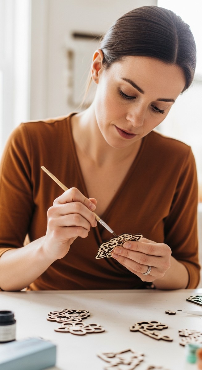 woman painting a small wooden shape at a craft table