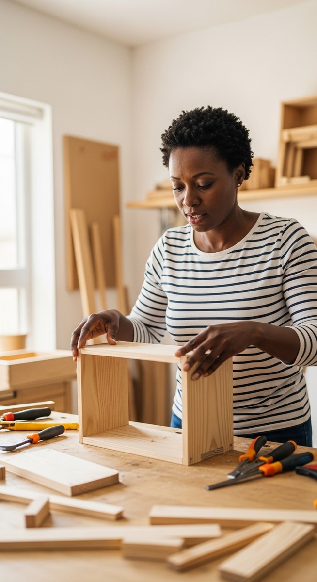 woman assembling a small wooden box in a bright home workshop