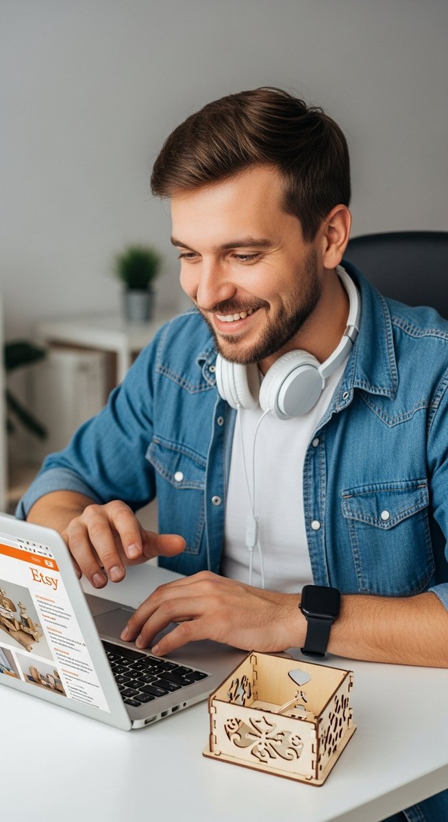 man reviewing his Etsy shop on a laptop with a wooden craft item beside him