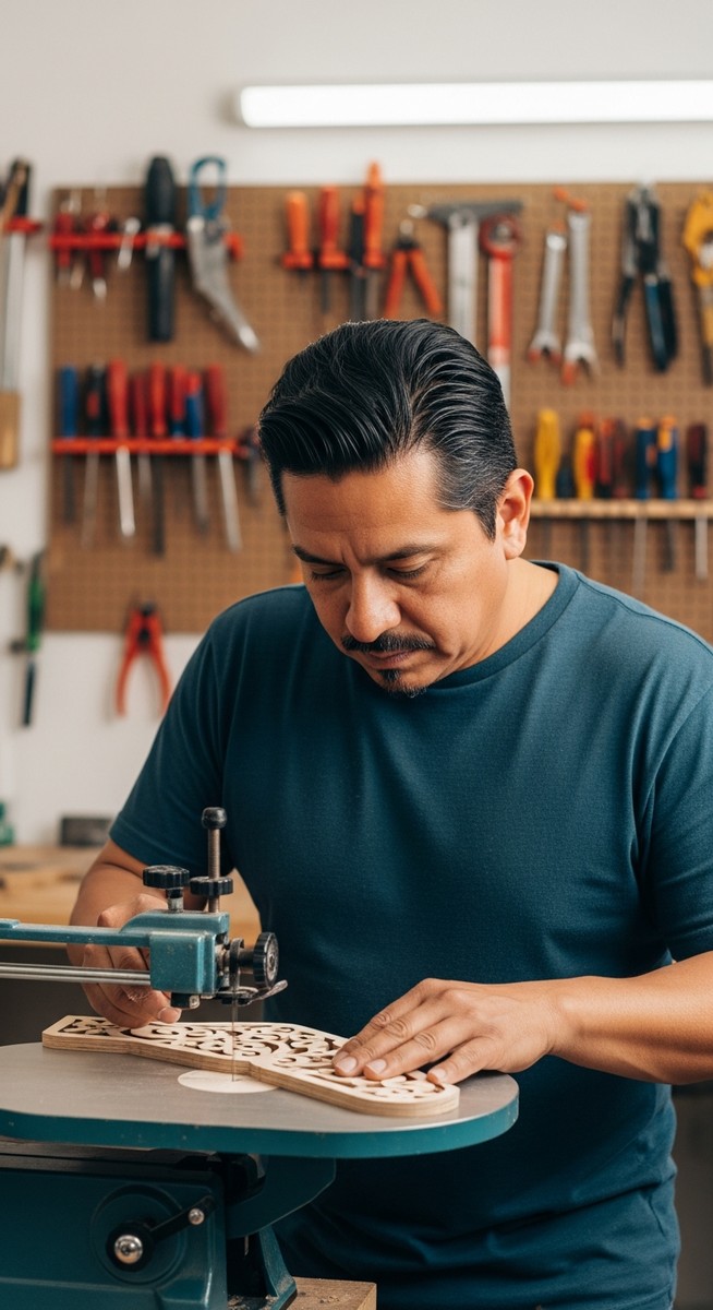 a man using a scroll saw to cut a decorative wooden piece in a garage workshop for making and selling crafts