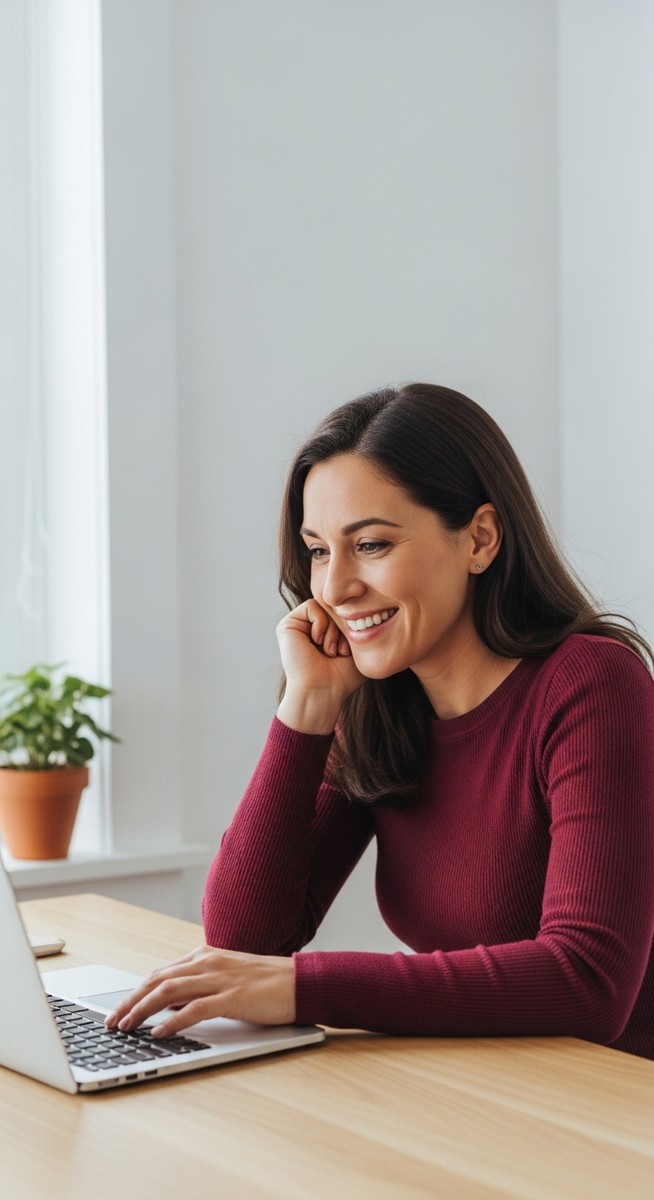 woman looking satisfied at her laptop screen at home