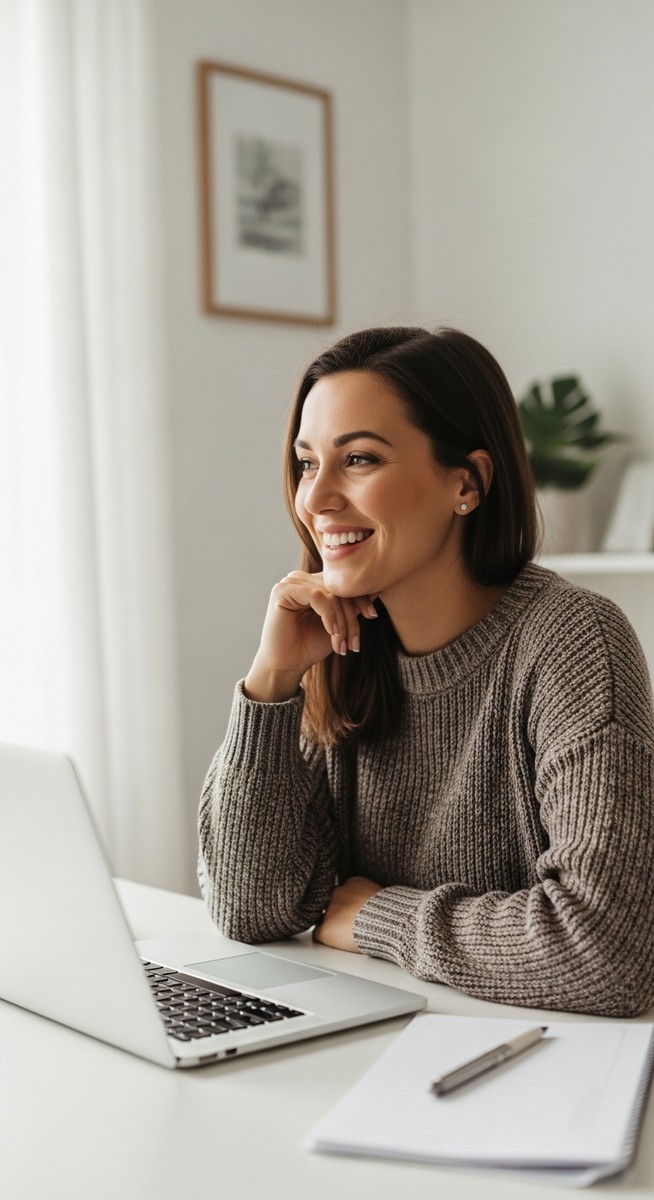 woman working confidently on her laptop at a bright home desk