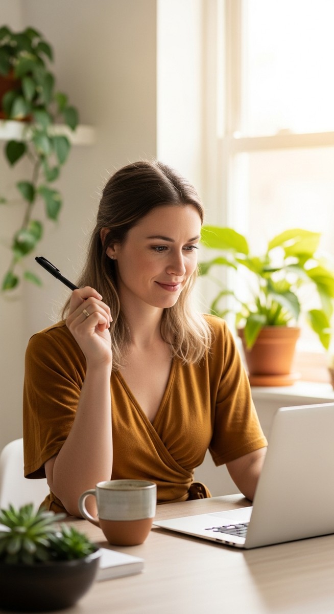 woman smiling and thinking at her home office desk