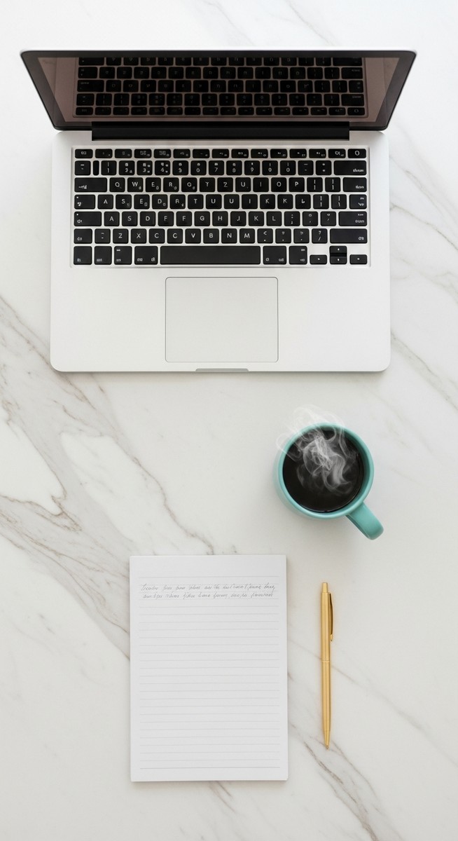 flatlay of a laptop and teal mug on a marble surface