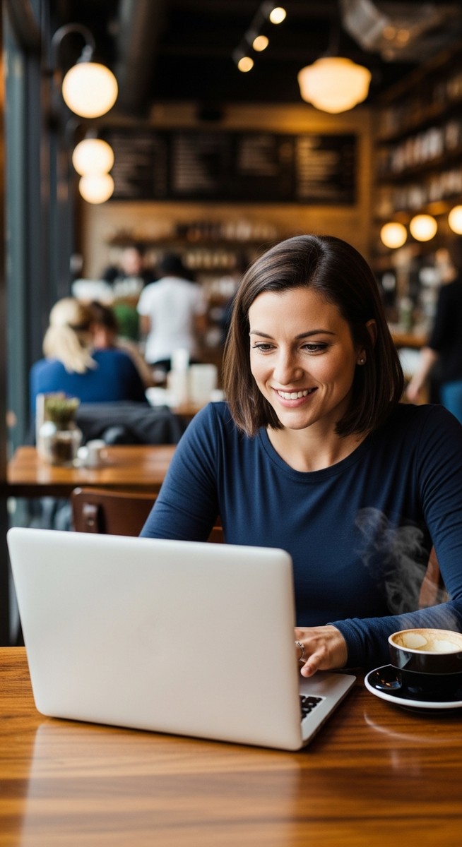woman working happily on her laptop