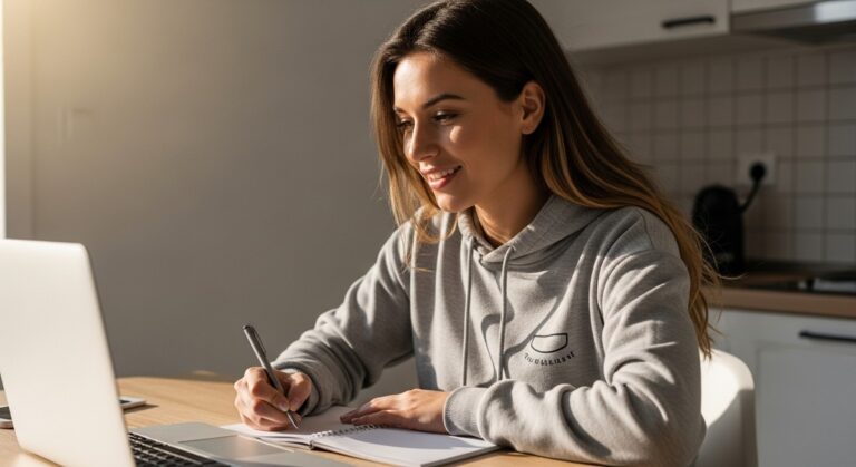 young woman taking notes next to her laptop at a kitchen table