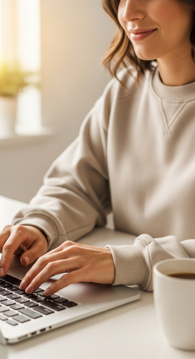 woman typing on a laptop at a bright clean desk