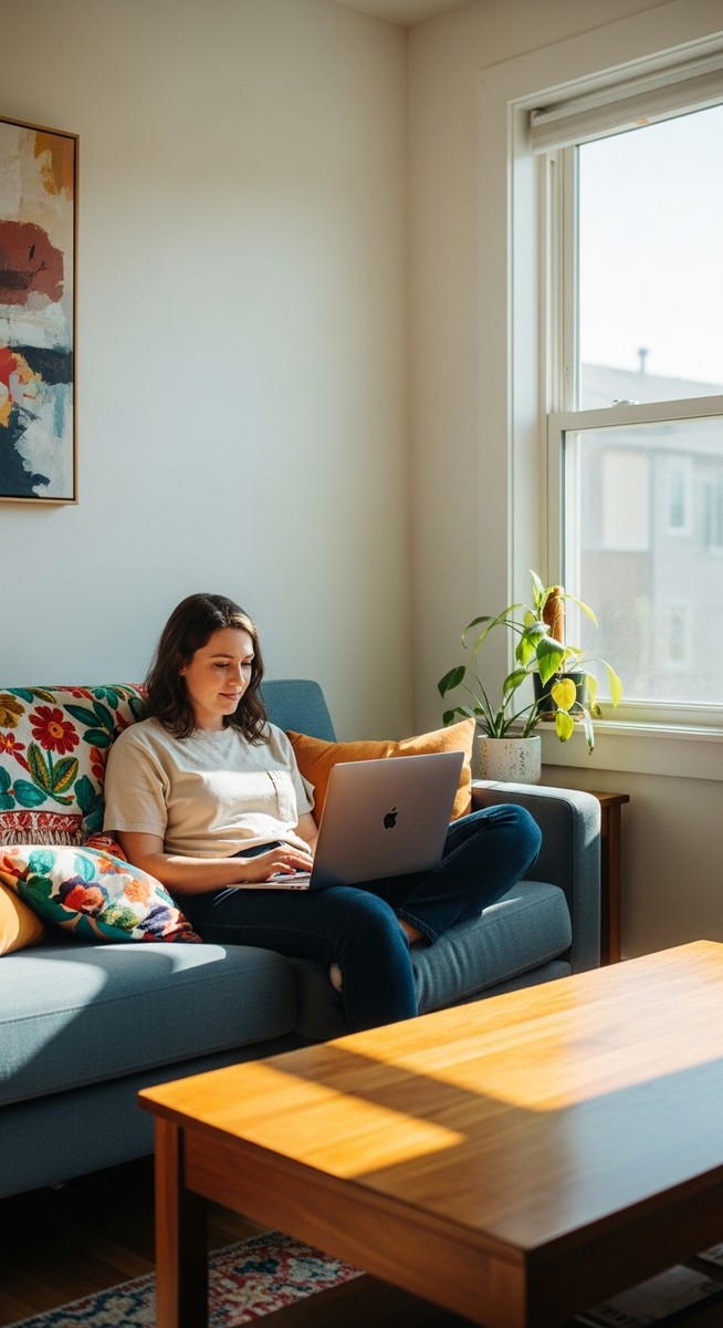 a woman smiling while working on her laptop at home for part-time work