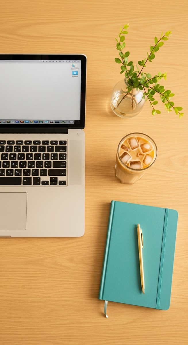 flatlay of a laptop and teal notebook on a wooden desk