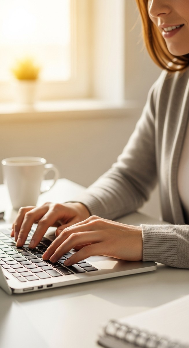 woman typing on a laptop at a bright clean desk