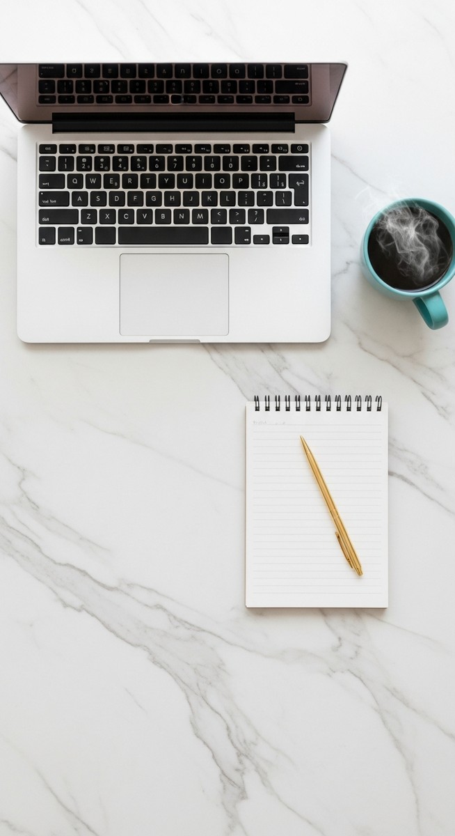 a flatlay of a laptop and teal mug on a marble surface for part-time work